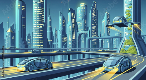 Futuristic city landscape with flying cars and autonomous vehicles concept illustration design art