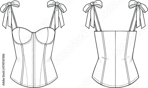 Corset top technical flat sketch, front and back views, bow strap bustier design, fashion CAD drawing, garment construction template, vector illustration apparel