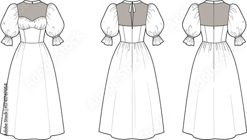 Long dress technical flat sketch, puff sleeve sweetheart neckline, front side and back views, fashion CAD drawing, garment construction template, vector illustration