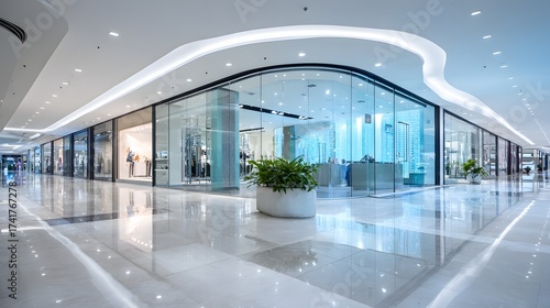 Modern shopping mall interior boasts expansive, glossy floors and curved ceilings, illuminated by bright, ambient lighting.