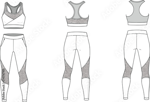 Women’s activewear sports bra and leggings set, technical flat sketch, CAD fashion drawing, vector illustration, garment construction template design