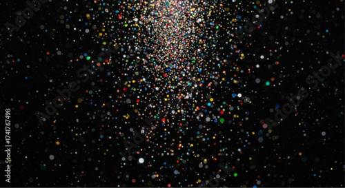 A mesmerizing cosmic spectacle of vibrant particles, resembling a galaxy, floats against a deep black expanse, sparking awe and wonder. vector illustration