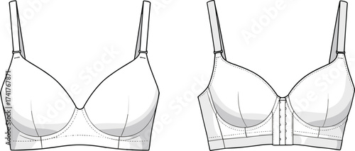 CAD drawing flat vector illustration, technical fashion bra design front and back view, lingerie garment construction, apparel industry template