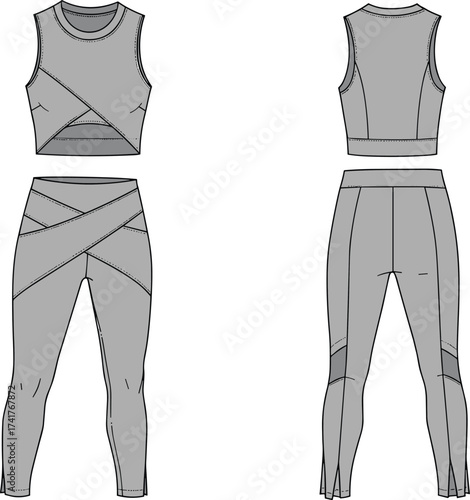 CAD drawing flat vector illustration, technical fashion sketch, athletic crop top and leggings, sportswear design, garment construction, apparel template