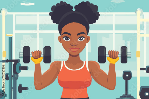 African woman lifting dumbbells at the gym, strength training with determined expression