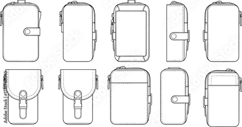 Technical pouch case design, vector line art, CAD drawing flat vector illustration, zipper closure, snap button, belt loop accessory
