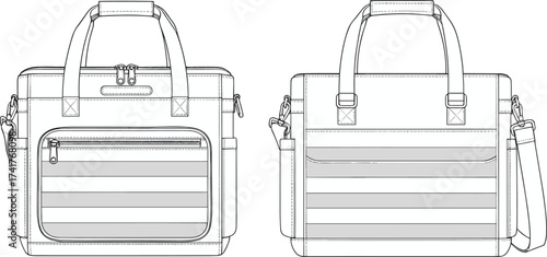 Cad drawing flat vector illustration, technical line art of laptop bag, messenger briefcase design, fashion accessory template, isolated graphic
