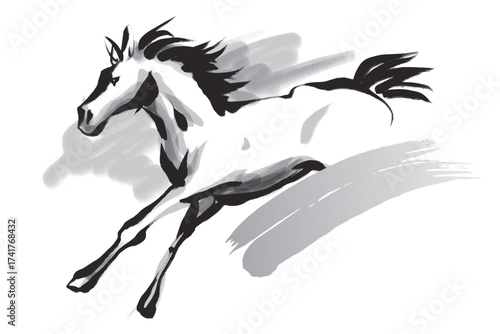 筆で描いた走る馬の白黒イラスト