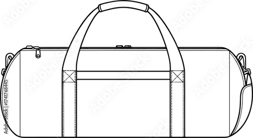 Duffel bag technical line drawing, detailed vector illustration, travel luggage design sketch, fashion accessory outline, cad drawing flat vector illustration