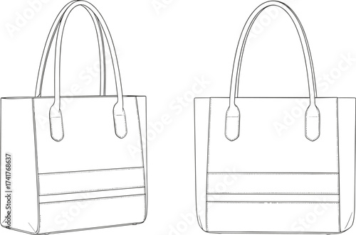 CAD drawing flat vector illustration, tote bag technical sketch, fashion accessory design, line art template, sewing pattern, apparel manufacturing reference