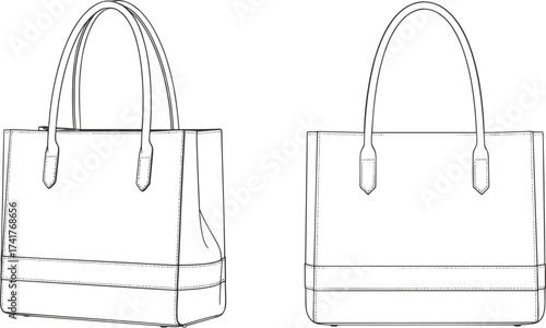 CAD drawing flat vector illustration, technical handbag design, fashion accessory sketch, line art, product blueprint, sewing pattern template