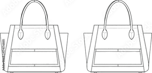 CAD drawing flat vector illustration, technical handbag design blueprint, fashion accessory line art, leather bag sketch, sewing pattern template