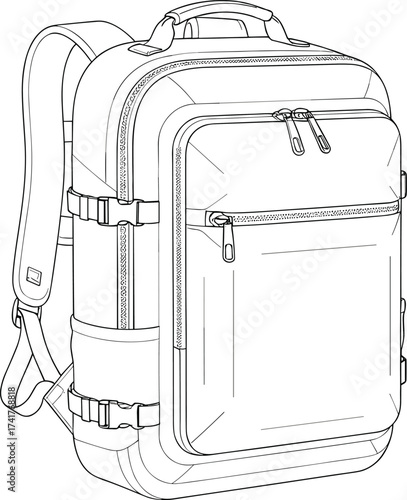 Backpack technical line art, detailed vector drawing, flat CAD illustration, travel bag design, school backpack outline, zipper compartments, straps