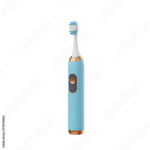 Modern electric toothbrush with blue handle and gold accents isolated on white background