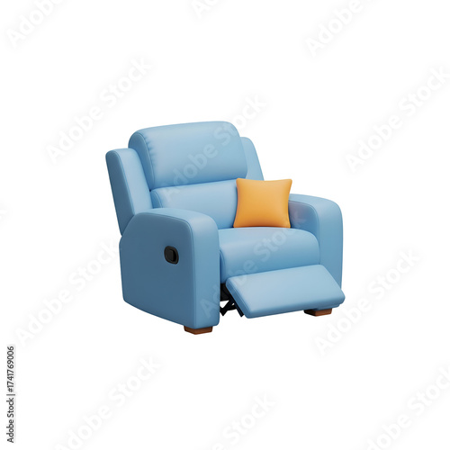A comfortable light blue recliner armchair with an orange accent pillow, isolated on white background