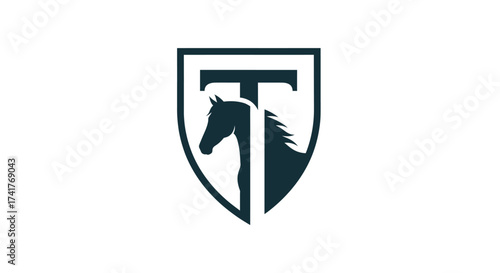 Elegant Initial Letter T with Horse Head Silhouette Logo Design in Shield Form