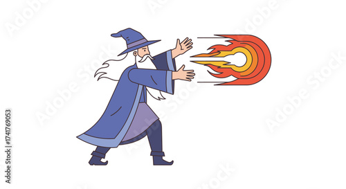 Cartoon illustration of a wizard casting a fire spell against a white background