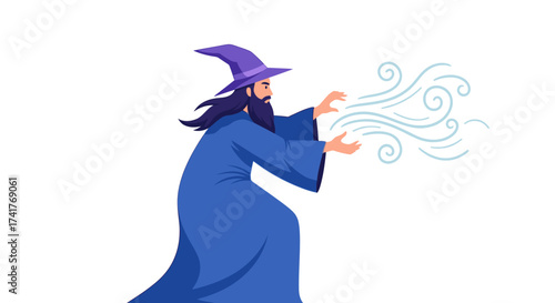 A Wizard Casting a Spell of Wind Against a Plain Background Creates Magic