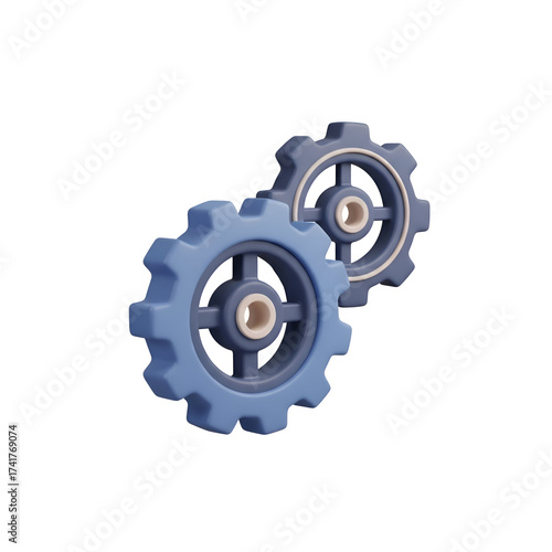 Two blue gears interlocking, representing teamwork and mechanics, isolated on white background