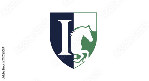 Elegant letter I horse logo design, equestrian symbol in shield shape design concept