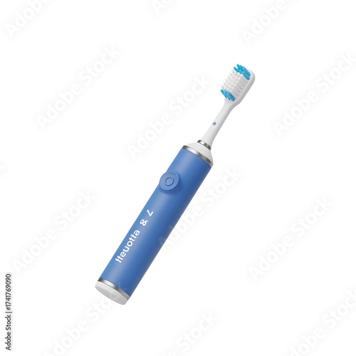 Blue electric toothbrush with white bristles, isolated on white background