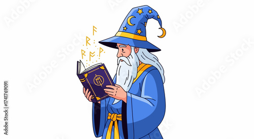 Cartoon wizard casting spells from an enchanted book illustration with magical elements