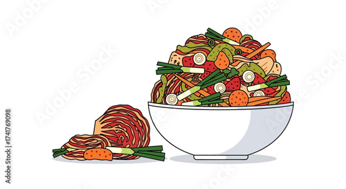 Cartoon illustration of kimchi in a bowl and next to it featuring cabbage and leeks a delectable