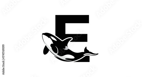 Elegant orca letter E logo design featuring a majestic killer whale illustration