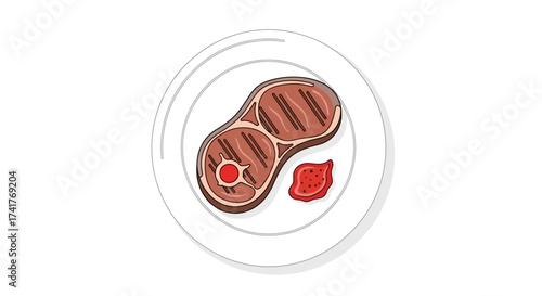 Illustration of a delicious grilled steak served on a white plate with a side of sauce