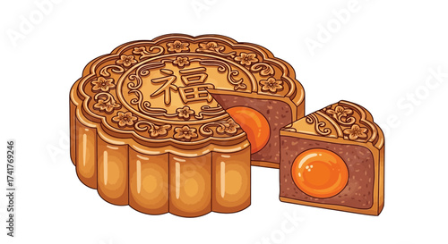 Exquisite traditional chinese mooncake illustration with intricate details and egg yolk filling