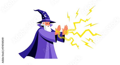 Enchanting wizard conjuring electric energy with magical powers in a mystical realm