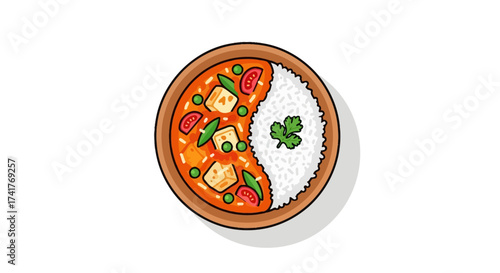 Illustration of a delicious Indian paneer butter masala dish served with rice vector image