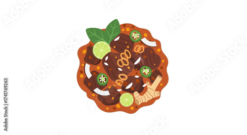 Delicious beef rendang illustration with lime leaves and ginger elements flat design style perfect