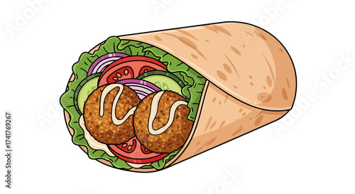 Delicious falafel wrap with fresh vegetables and tahini sauce illustration style