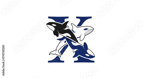 Elegant letter X logo design featuring orca whales in a dynamic composition for ocean related brands