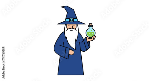 Cartoon wizard character holding a magic potion in a cartoon style illustration