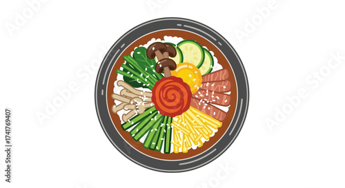 Illustration of Korean Bibimbap with Vegetables, Meat and Egg isolated on White, Artistic