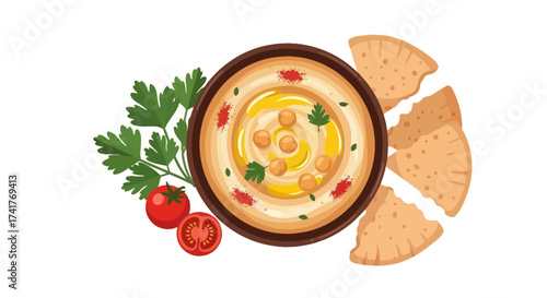 Illustration featuring a bowl of hummus with pita bread and fresh vegetables artistic rendering