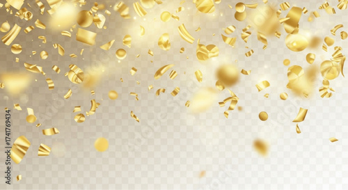 Gleaming golden confetti showers down, caught in a soft, ethereal glow, celebrating a moment of festivity and joy. overlay texture for your design. 