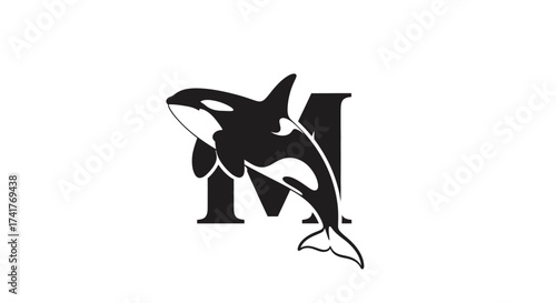 Monochrome design featuring a striking orca combined with the bold letter 'M' graphic art