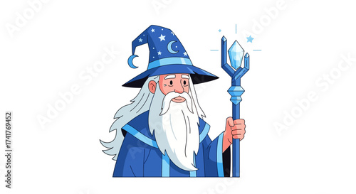 Cartoon illustration of a wizard with a long white beard holding a magical staff perfect for