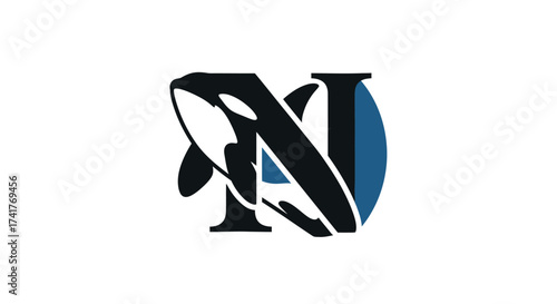Abstract logo design featuring an orca whale integrated with the letters 'MN' in black and blue