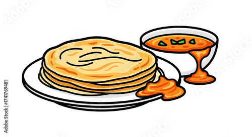 Delicious Indian Cuisine Featuring Paratha and Curry Illustration on White Background