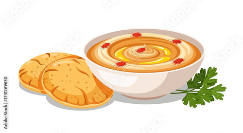 Delicious and Vibrant Hummus Bowl with Pita Bread Flatbread and Parsley garnish