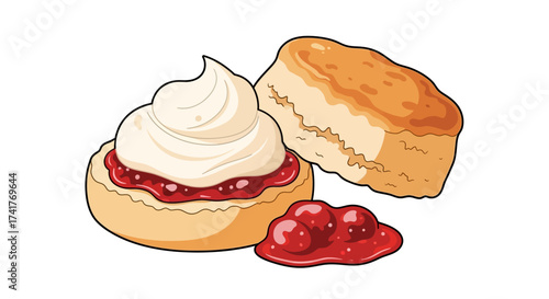Delicious Scones with Cream and Jam Isolated on White Background Illustration