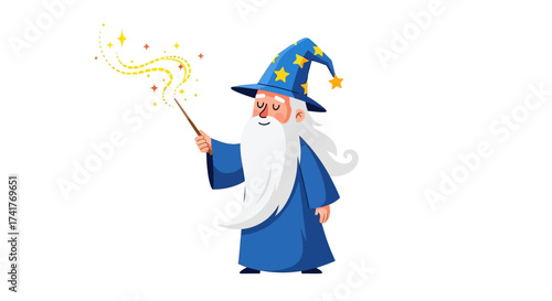 Whimsical Wizard Casting a Spell with Magic Wand and Stars Cartoon Illustration