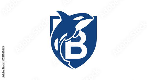Elegant emblem featuring a killer whale and the letter B in a shield design