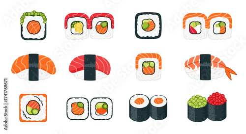 Assorted sushi rolls and nigiri pieces in a vibrant and appetizing cartoon style illustration