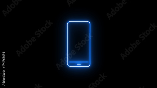 Blue neon outlined modern smartphone glowing on a dark black background, representing digital communication, technology, and mobile app development in a futuristic style