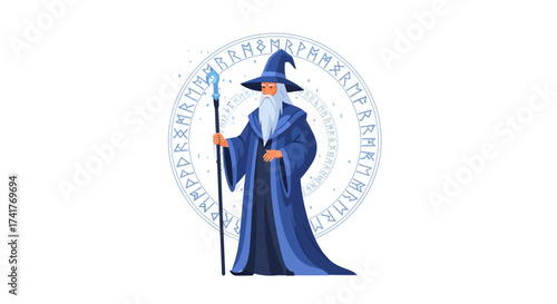 A mystical wizard in a blue robe holding a staff surrounded by ancient runes circle vector
